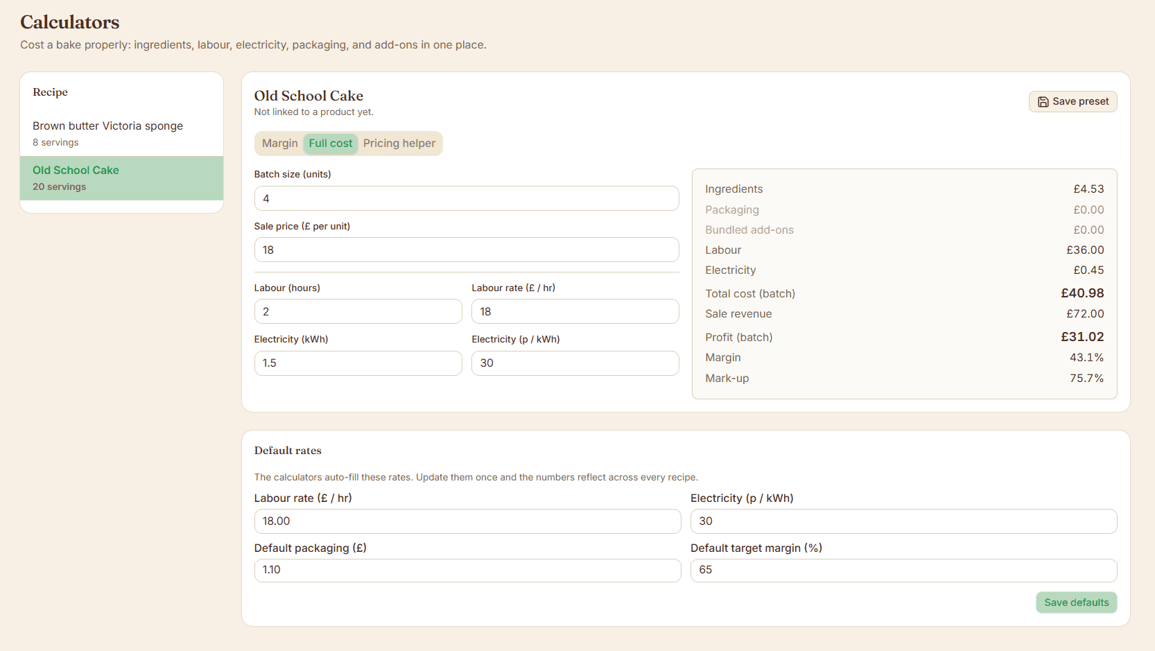 Pricing and bake-cost calculators
