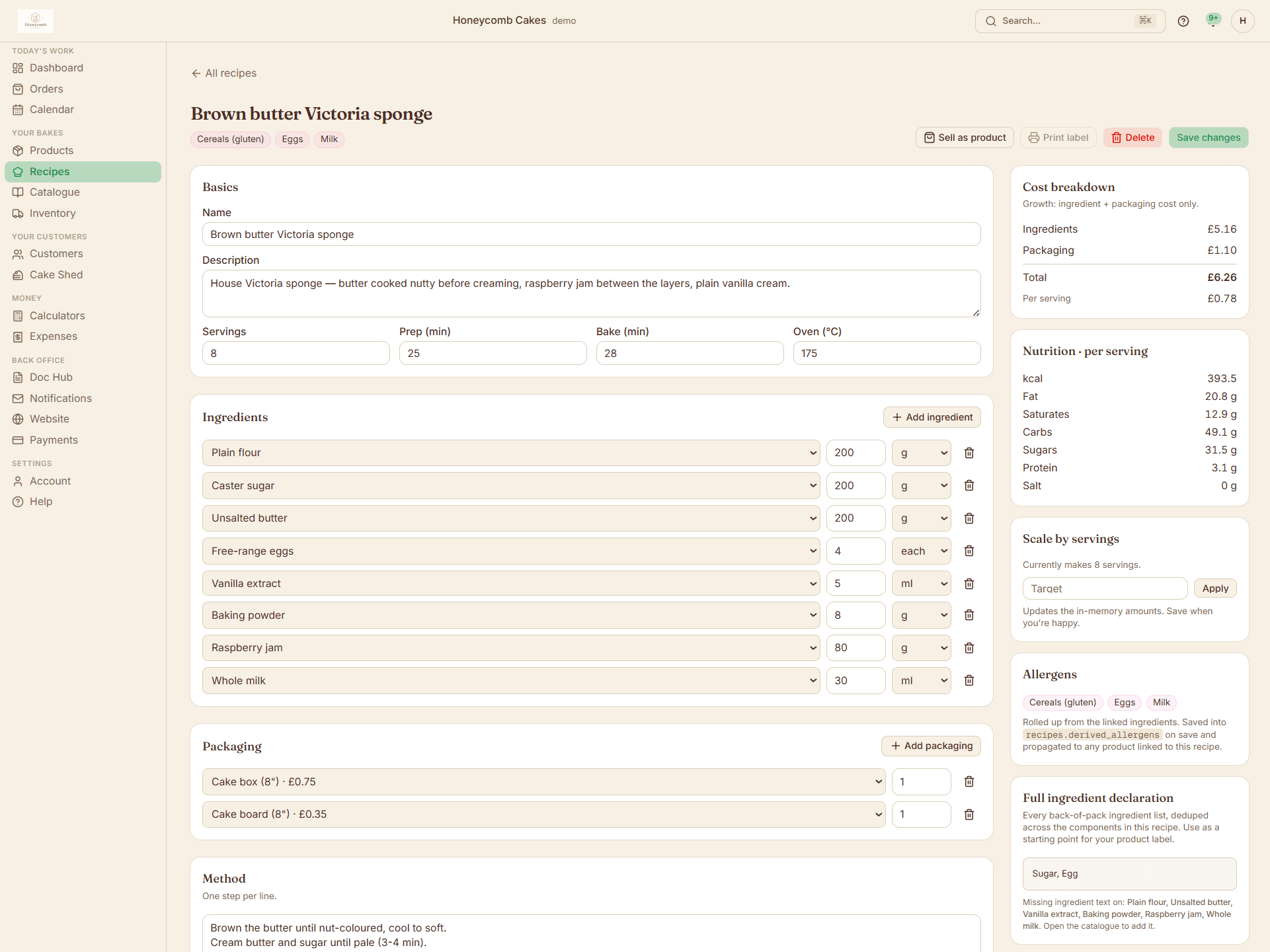 Operations dashboard with recipes and stock